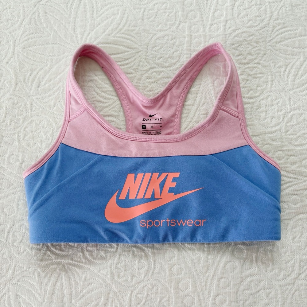 Nike Girls' Dri Fit Big Swoosh Sports Bra, Pink / Blue Sz M